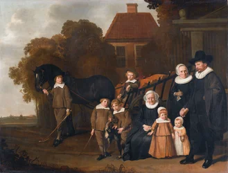 Portret van de familie Meebeeck Cruywagen bij de poort van hun buitenhuis aan de Uitweg bij Amsterdam